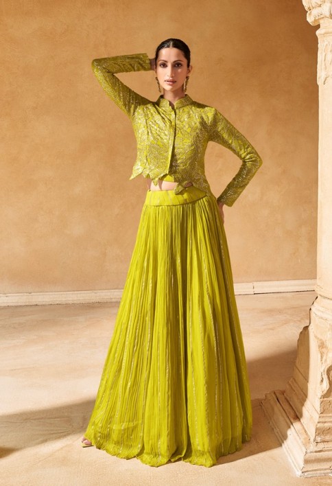 Green Designer Indo Western Party Wear Lehenga Choli REAL PREMIUM CHINON SILK / VISCOS JACQUARD SKIRT